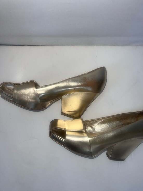Yves Saint Laurent Shoes - Yves Saint Laurent Dada Metallic Gold Peep Toe Semi-Wedge Pumps Size 39